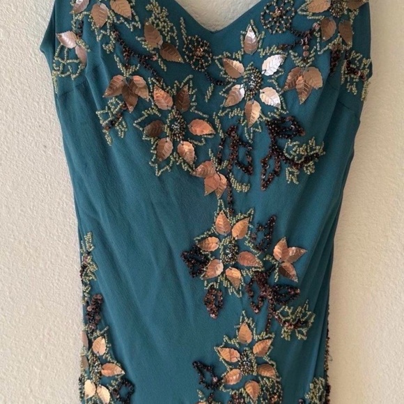 Vintage Sue Wong 100% Silk Teal Floral Beaded Dress - Picture 5 of 8